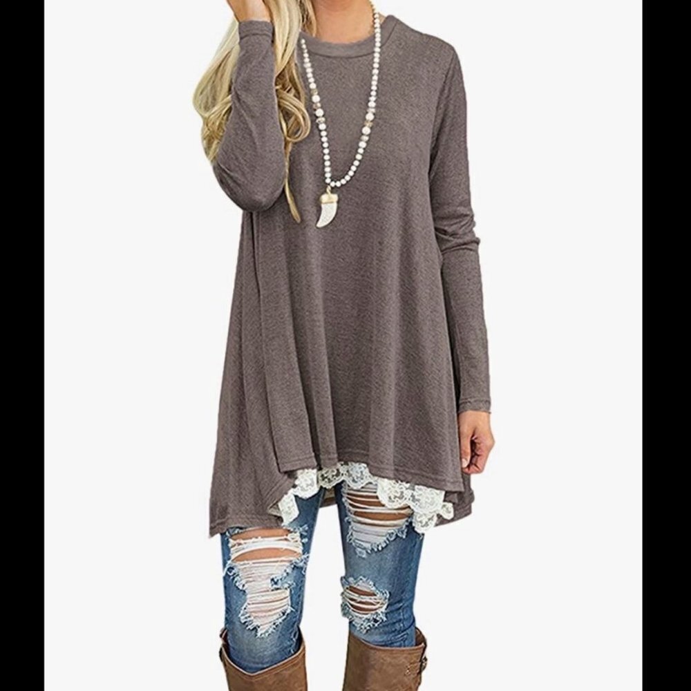 Women's Crew Neck LS Lace Swing Shirt Dresses Long Tunic Blouse for Leggings GRY